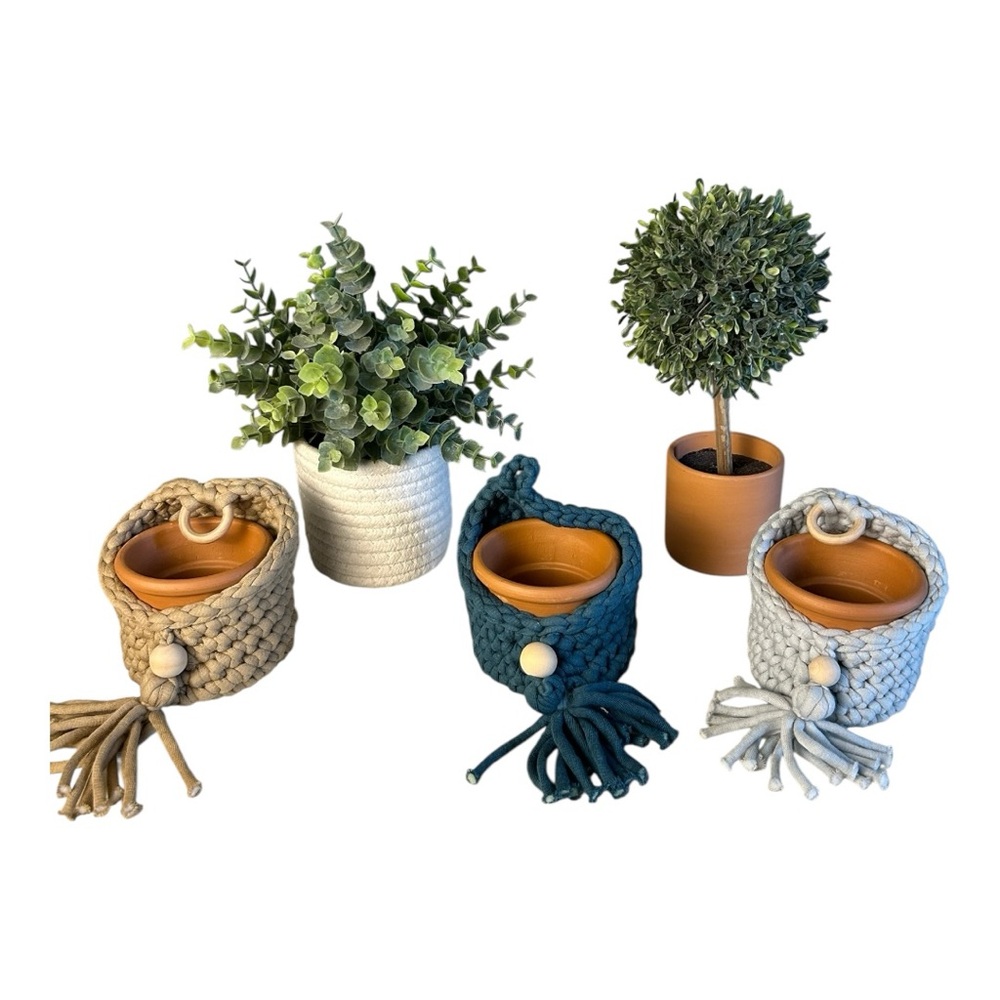 Handcrafted Woven Planter Set - Tan, Blue, Gray